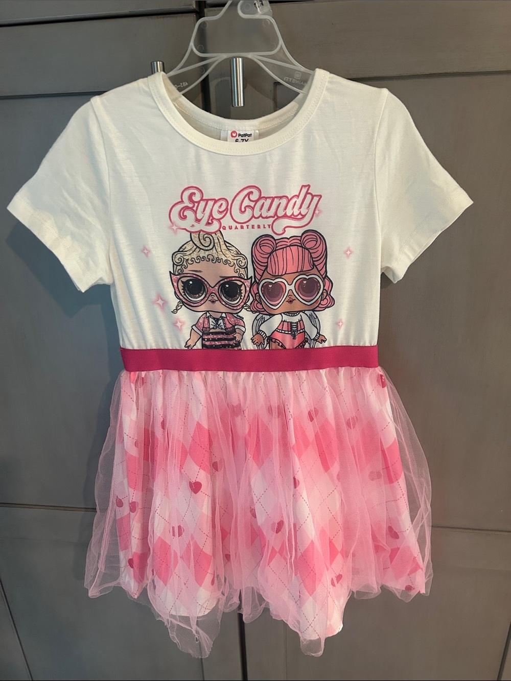 PatPat White & Pink "Eye Candy" Graphic Tulle Dress